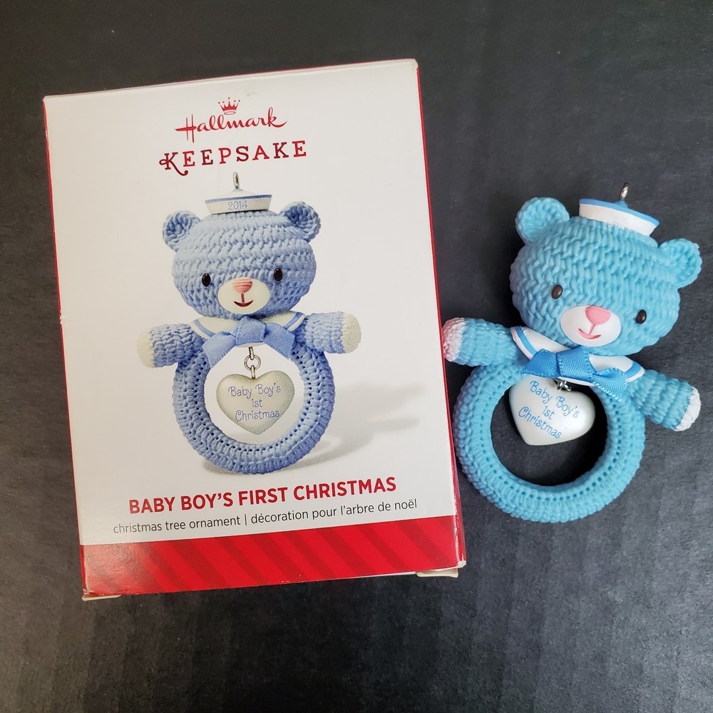 HALLMARK 2014 - BABY BOY'S FIRST CHRISTMAS - BLUE Teddy Bear Rattle Shape W/Box